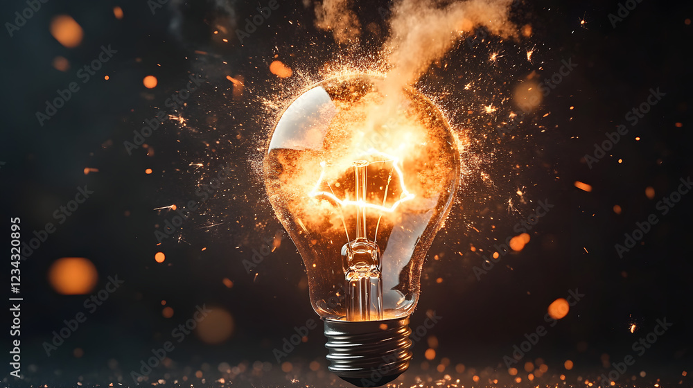 Poster a dramatic scene with a light bulb exploding, sending a burst of vibrant sparks and particles into t