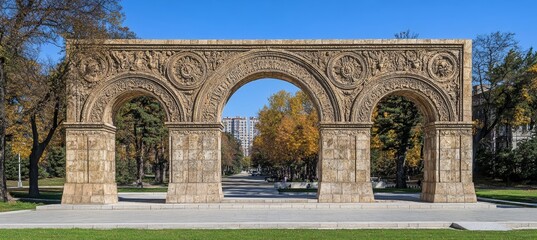 Obraz premium Grand Archway - Majestic Monumental Structure with Intricate Carvings and Cityscape View