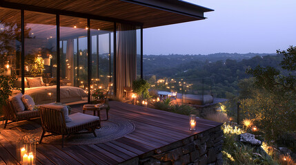 Obraz premium Hillside luxury suite with stunning sunset view, romantic evening ambiance, outdoor seating