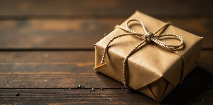 Wrapped brown package with twine string on a wooden table, brown package, present