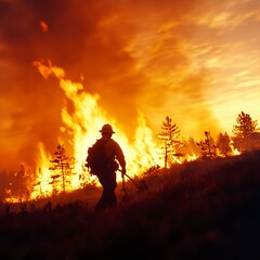 Obraz premium Firefighter Silhouette Against Fiery Wildfire Sunset