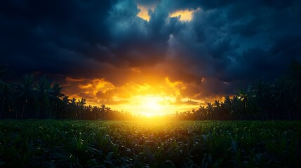 Obraz premium Fireflies in Field at Dramatic Sunset