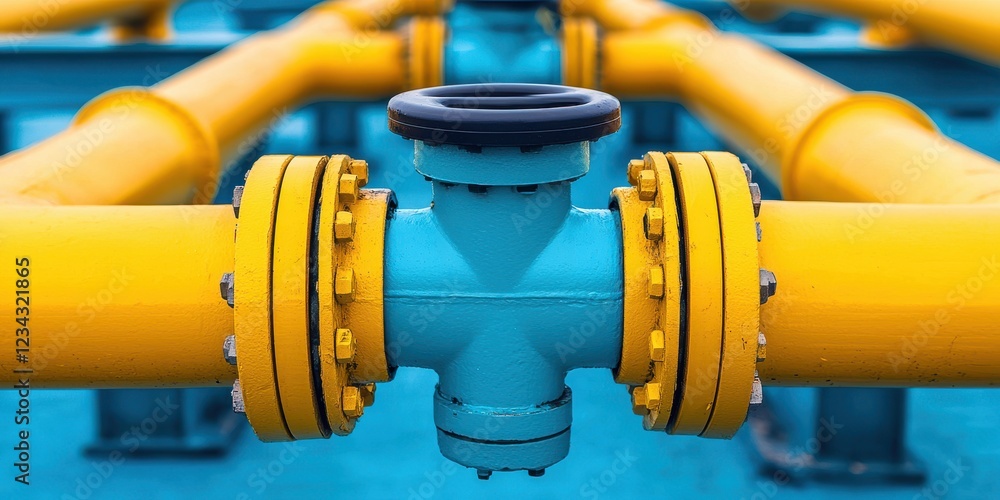 Poster a close-up image of a vibrant blue and yellow pipe valve, showcasing industrial design and functiona