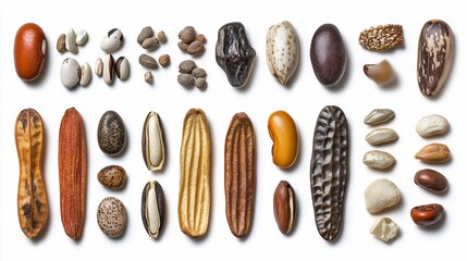 Diverse seeds arranged on white background, studio shot, botany, agriculture, food