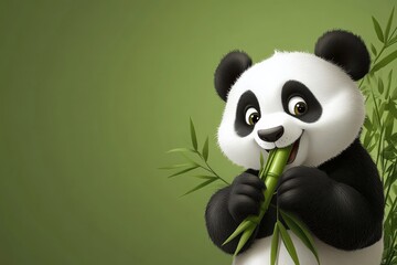 Obraz premium Cute panda enjoys eating bamboo in a serene green environment with a cheerful expression