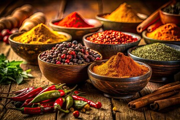 Fototapeta premium Vibrant spices burst from vintage bowls; a still life celebrating aromatic herbs and seasonings.