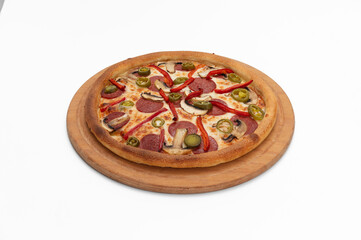 Pizza with salami  mushrooms and cheese on a white background