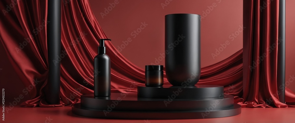Poster elegant dark containers arranged on a minimalist display with rich red fabric backdrop. perfect for 