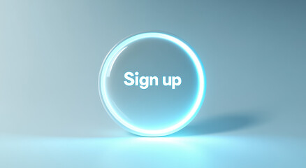 A round plastic button features the text sign up, glowing softly on a minimalistic background. This button suggests user engagement on a digital platform or application