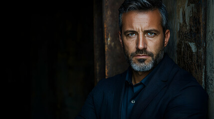 Fototapeta premium Serious mature man with grey beard looking at camera in a dark rustic setting.