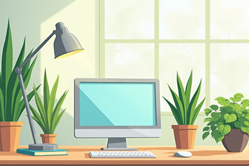 Fototapeta premium Modern minimalist workspace with desktop computer and indoor plants in green color scheme with copy space