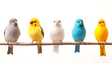 Naklejka premium Five Colorful Birds Perched on a Branch