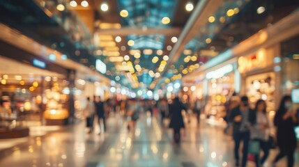 Fototapeta premium Abstract blurred photo of many people shopping inside department store or modern shopping mall. Urban lifestyle and black Friday shopping, motion, speed, blurred, group, city, modern
