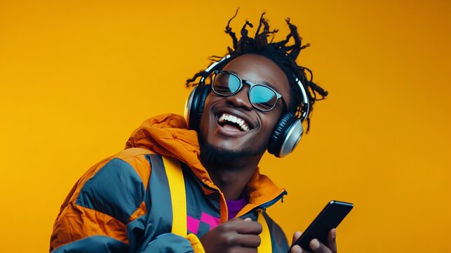 Happy man listening music, phone, studio, yellow background, advertisement