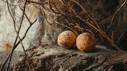 Rustic eggs in a natural nest on a textured surface