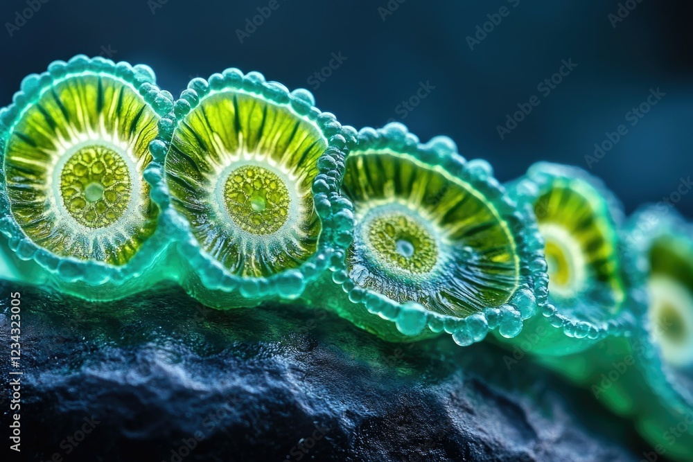 Poster microscopic view of vibrant green algae, showcasing intricate cellular structures and bubbly texture