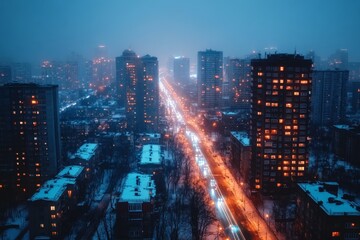 Cityscape illuminated by lights during a snowy evening with tall buildings and busy streets after sunset