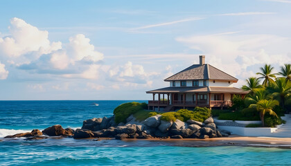 Fototapeta premium Beach house overlooking ocean , with white tonespng