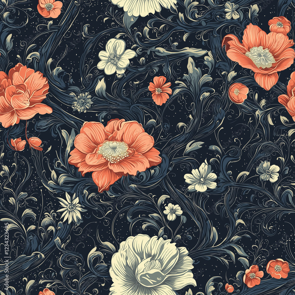 Poster floral pattern with vibrant red and white flowers on a dark background, creating a striking visual e