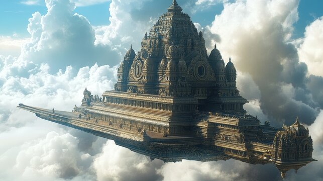 A magnificent flying vimana with elaborate Indian temple architecture, adorned with intricate carvings, soaring majestically above the clouds against a bright sky
