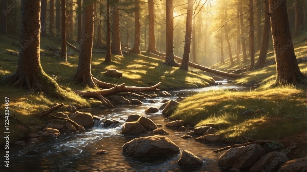 Poster sunlight streams through a dense forest, illuminating a tranquil stream that meanders through the tr
