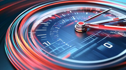 Speedometer close-up, fast motion blur, digital background, time management concept