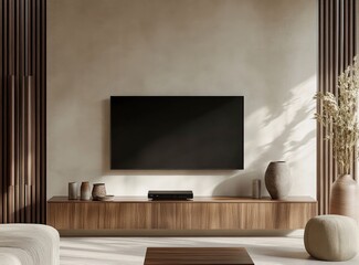 Modern interior of a living room with a mock-up black TV screen on a beige wall, a wooden console, and decorative elements. 