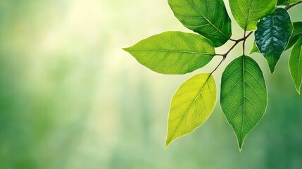Fototapeta premium Vibrant Green Leaves on Branch in Soft Natural Light with Blurred Background
