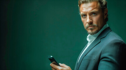 Businessman holding phone with a serious look