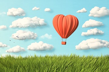 Naklejka premium Heart-Shaped Hot Air Balloon Soars Above Lush Grass
