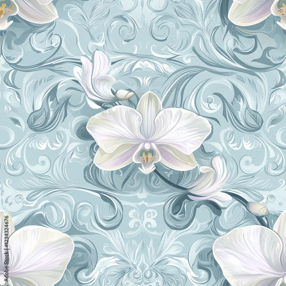 Poster elegant white orchids on a soft blue background with intricate patterns.