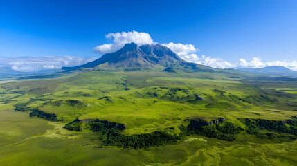 Majestic mountain, green plains, sunny sky, aerial view, travel poster