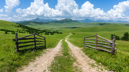 Fototapeta premium Dirt road leading through an open wooden gate into vast green rolling hills under a blue sky with fluffy white clouds.