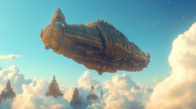 A majestic flying vimana with intricate golden carvings soaring above the clouds against a clear blue sky, surrounded by floating temple-like structures