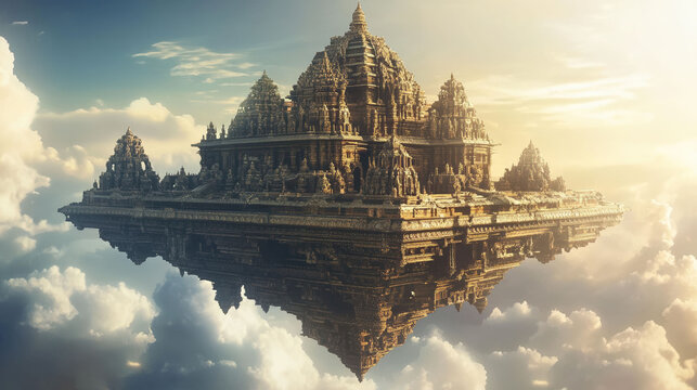 A massive flying vimana resembling an ancient temple, with intricate carvings and towering spires, floating majestically above the clouds in golden sunlight