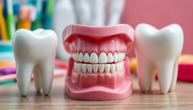 Dental Model Displaying Teeth with Realistic Structure Alongside Two Ceramic Teeth Models