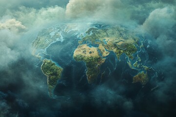 Aerial view of Earth displaying continents and oceans, with soft clouds creating an atmospheric effect