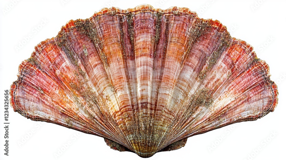 Poster closeup of a beautiful scallop shell with rich colors and intricate patterns on a white background