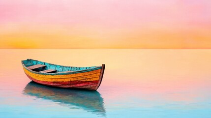 Fototapeta premium Weathered Boat on Calm Water at Pastel Sunset