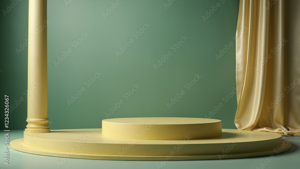 Poster a pale yellow circular platform sits on a larger platform, flanked by a column and draped fabric aga