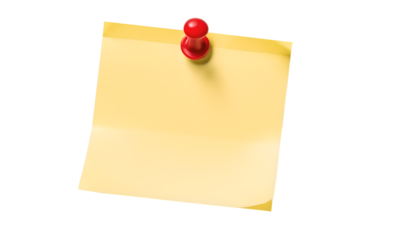 yellow note with push pin on transparent or white background