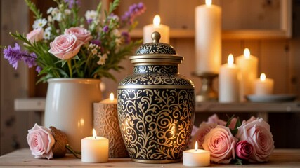 Elegantly designed pet tribute urn on memorial altar with flowers, remembrance