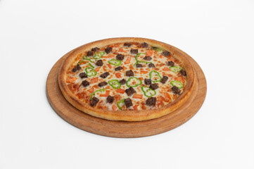 Pizza with salami  mushrooms and cheese on a white background