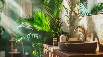Fototapeta premium Tropical bathroom decor with lush plants and natural light