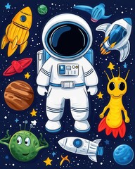Colorful astronaut surrounded by whimsical rockets and playful aliens in a vibrant space scene.