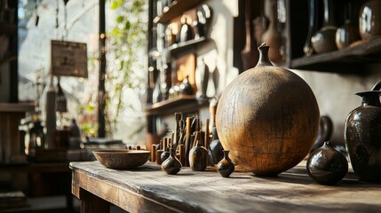 Fototapeta premium Vintage kitchen with wooden shelves and artisanal utensils