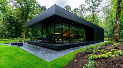 Modern architectural house in a serene wooded setting, surrounded by lush greenery.