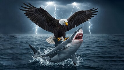 A bald eagle in action, capturing a leaping shark, Bald Eagle, shark, high resolution
