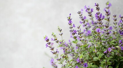 Obraz premium Purple flowers blooming near grey wall, garden background, postcard design