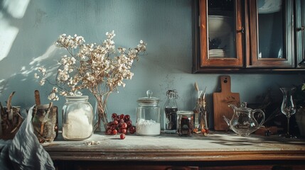 Rustic still life with dried flowers and glass jars